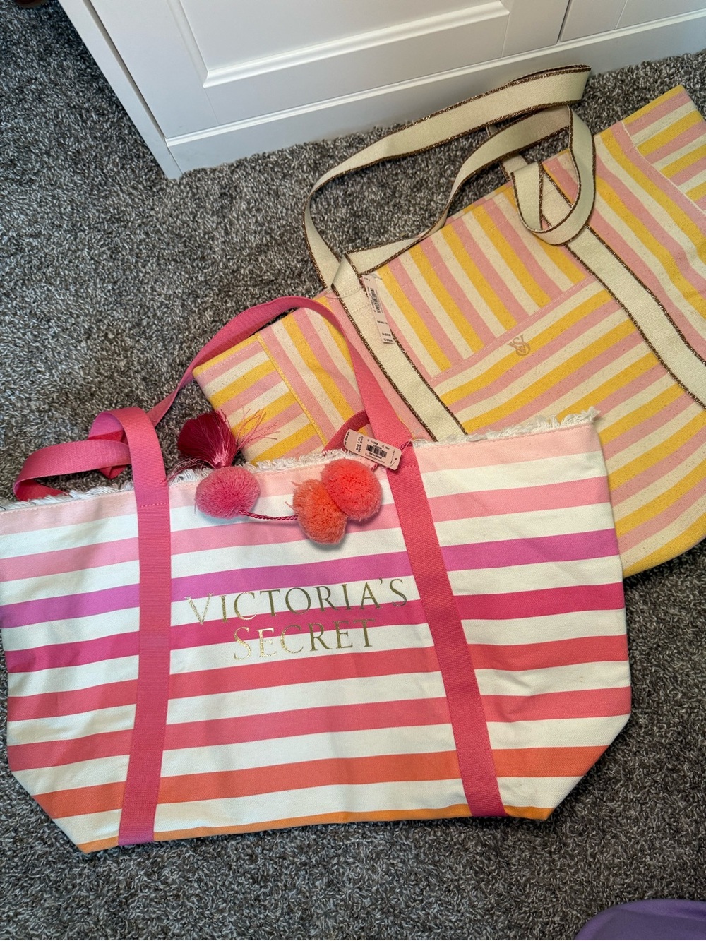 BUNDLE. Victoria's Secret Pink & Coral Striped Canvas Tote